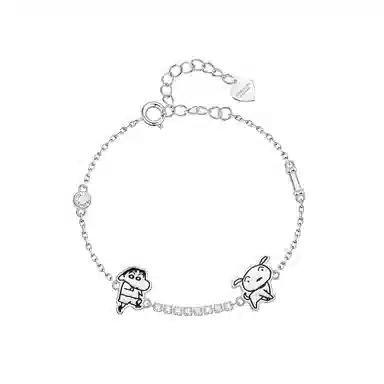 潮色绘 蜡笔小新联名 轻奢小众高级感首饰 日常通勤百搭蛇骨链 银色闪锆 粉色爱心贺卡#好运 铜 手链 女款