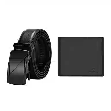 稻草人 简约设计商务腰带钱夹百搭皮带套装 牛皮 钱包 常规 男款 黑色