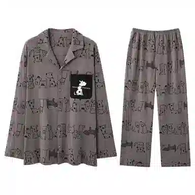 兰缪 翻领开衫可外穿男春夏秋款纯棉长袖男生薄款家居服睡衣套装 男款