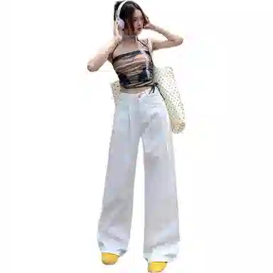 欧迪芬 美式高街白色牛仔裤女士秋夏季小个子窄版直筒宽松舒适显瘦宽腿遮肉拉长腿拖地薄款阔腿裤高腰收腹通勤休闲垂感百搭休闲裤 女款
