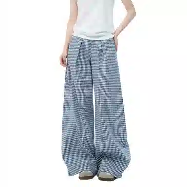 柏黛妃 格子高腰拖地阔腿休闲裤宽松直筒长裤小个子裤子 女款