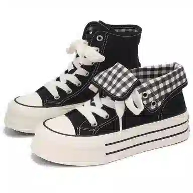 韩系小众百搭翻边格纹学院风舒适轻便防滑休闲运动两穿 耐磨增高减震 高帮 帆布鞋 女款