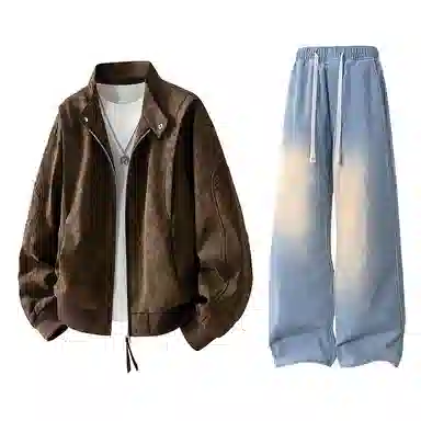 【绒感雾花皮外套裤子一套】布客行 美拉德立领拼接结构美式复古高街夹克直筒水洗做旧微喇基础款松紧腰抽绳牛仔裤休闲运动套装 男女同款