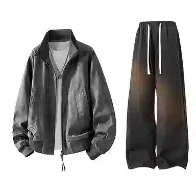 布客行 拼接美式复古高街夹克直筒水洗做旧微喇抽绳牛仔裤休闲运动套装 男女同款