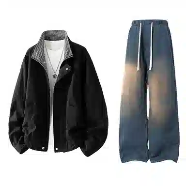 【水洗猫眼外套裤子一套】布客行 美式格子翻领美拉德复古高街上衣夹克直筒做旧微喇基础款抽绳松紧腰牛仔裤休闲运动套装 男女同款