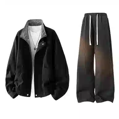 【水洗猫眼外套裤子一套】布客行 美式格子翻领美拉德复古高街上衣夹克直筒做旧微喇基础款抽绳松紧腰牛仔裤休闲运动套装 男女同款