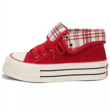 韩系小众百搭翻边格纹学院风舒适轻便防滑休闲运动两穿 耐磨增高减震 高帮 帆布鞋 女款