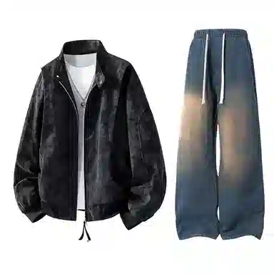 【绒感雾花皮外套裤子一套】布客行 美拉德立领拼接结构美式复古高街夹克直筒水洗做旧微喇基础款松紧腰抽绳牛仔裤休闲运动套装 男女同款