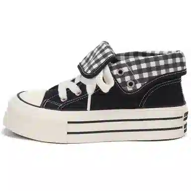 韩系小众百搭翻边格纹学院风舒适轻便防滑休闲运动两穿 耐磨增高减震 高帮 帆布鞋 女款