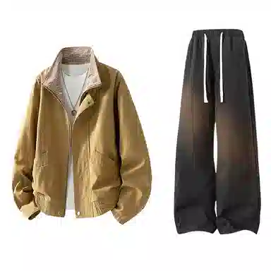 【水洗猫眼外套裤子一套】布客行 美式格子翻领美拉德复古高街上衣夹克直筒做旧微喇基础款抽绳松紧腰牛仔裤休闲运动套装 男女同款