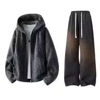 【粗纺仿羊绒外套裤子一套】布客行 连帽高街绒感保暖美式复古上衣夹克直筒水洗做旧微喇基础款松紧腰抽绳牛仔裤休闲运动套装 男女同款