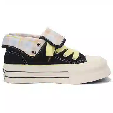 韩系小众百搭翻边格纹学院风舒适轻便防滑休闲运动两穿 耐磨增高减震 高帮 帆布鞋 女款