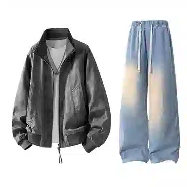 布客行 拼接美式复古高街夹克直筒水洗做旧微喇抽绳牛仔裤休闲运动套装 男女同款