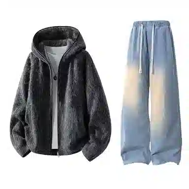 【粗纺仿羊绒外套裤子一套】布客行 连帽高街绒感保暖美式复古上衣夹克直筒水洗做旧微喇基础款松紧腰抽绳牛仔裤休闲运动套装 男女同款