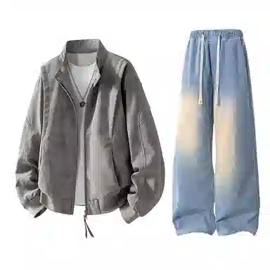 【绒感雾花皮外套裤子一套】布客行 美拉德立领拼接结构美式复古高街夹克直筒水洗做旧微喇基础款松紧腰抽绳牛仔裤休闲运动套装 男女同款