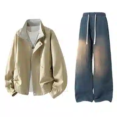 【水洗猫眼外套裤子一套】布客行 美式格子翻领美拉德复古高街上衣夹克直筒做旧微喇基础款抽绳松紧腰牛仔裤休闲运动套装 男女同款