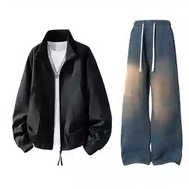 布客行 拼接美式复古高街夹克直筒水洗做旧微喇抽绳牛仔裤休闲运动套装 男女同款