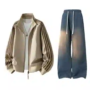 【防泼水外套裤子一套】布客行 三条杆条纹螺纹立领美式复古高街上衣夹克直筒水洗做旧微喇基础款松紧腰抽绳牛仔裤休闲运动套装 男女同款