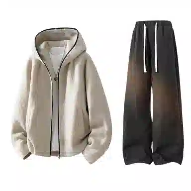 【粗纺仿羊绒外套裤子一套】布客行 连帽高街绒感保暖美式复古上衣夹克直筒水洗做旧微喇基础款松紧腰抽绳牛仔裤休闲运动套装 男女同款