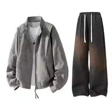 【绒感雾花皮外套裤子一套】布客行 美拉德立领拼接结构美式复古高街夹克直筒水洗做旧微喇基础款松紧腰抽绳牛仔裤休闲运动套装 男女同款