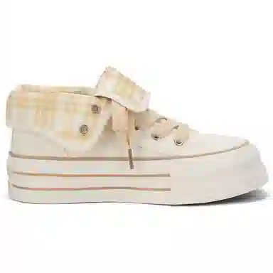 韩系小众百搭翻边格纹学院风舒适轻便防滑休闲运动两穿 耐磨增高减震 高帮 帆布鞋 女款