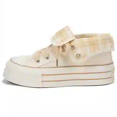 韩系小众百搭翻边格纹学院风舒适轻便防滑休闲运动两穿 耐磨增高减震 高帮 帆布鞋 女款