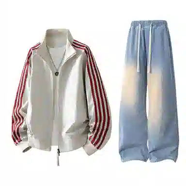 【防泼水外套裤子一套】布客行 三条杆条纹螺纹立领美式复古高街上衣夹克直筒水洗做旧微喇基础款松紧腰抽绳牛仔裤休闲运动套装 男女同款