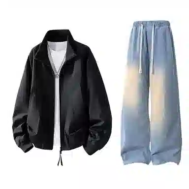 布客行 拼接美式复古高街夹克直筒水洗做旧微喇抽绳牛仔裤休闲运动套装 男女同款