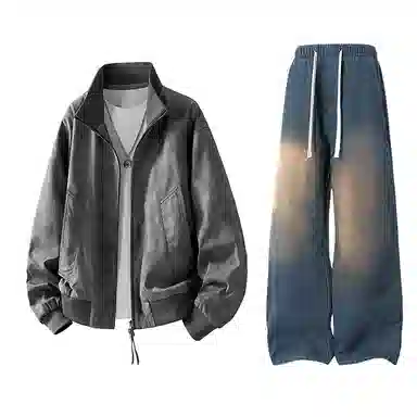 布客行 拼接美式复古高街夹克直筒水洗做旧微喇抽绳牛仔裤休闲运动套装 男女同款