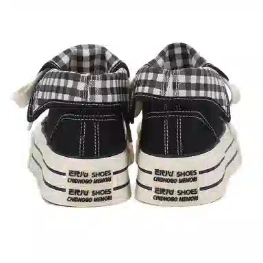 韩系小众百搭翻边格纹学院风舒适轻便防滑休闲运动两穿 耐磨增高减震 高帮 帆布鞋 女款