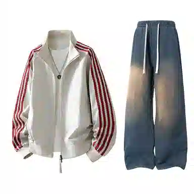 【防泼水外套裤子一套】布客行 三条杆条纹螺纹立领美式复古高街上衣夹克直筒水洗做旧微喇基础款松紧腰抽绳牛仔裤休闲运动套装 男女同款