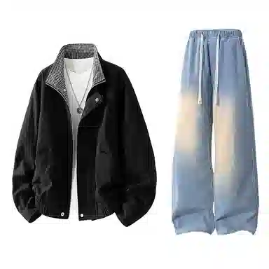 【水洗猫眼外套裤子一套】布客行 美式格子翻领美拉德复古高街上衣夹克直筒做旧微喇基础款抽绳松紧腰牛仔裤休闲运动套装 男女同款