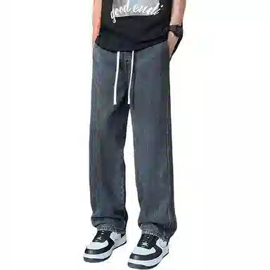 欧迪芬 基础款 宽松直筒垂感高街学院风通勤情侣百搭显高显瘦高级感休闲潮流做旧水洗抽绳褶皱舒适设计牛仔裤 男女同款