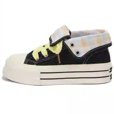 韩系小众百搭翻边格纹学院风舒适轻便防滑休闲运动两穿 耐磨增高减震 高帮 帆布鞋 女款