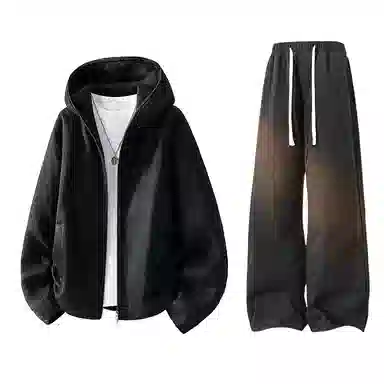 【粗纺仿羊绒外套裤子一套】布客行 连帽高街绒感保暖美式复古上衣夹克直筒水洗做旧微喇基础款松紧腰抽绳牛仔裤休闲运动套装 男女同款