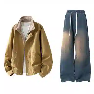 【水洗猫眼外套裤子一套】布客行 美式格子翻领美拉德复古高街上衣夹克直筒做旧微喇基础款抽绳松紧腰牛仔裤休闲运动套装 男女同款