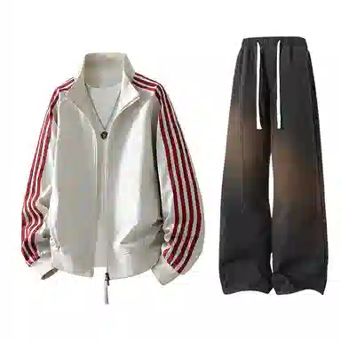 【防泼水外套裤子一套】布客行 三条杆条纹螺纹立领美式复古高街上衣夹克直筒水洗做旧微喇基础款松紧腰抽绳牛仔裤休闲运动套装 男女同款