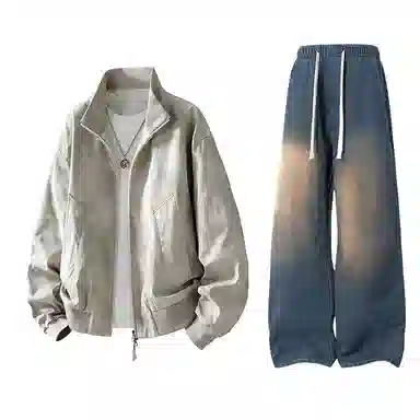 布客行 拼接美式复古高街夹克直筒水洗做旧微喇抽绳牛仔裤休闲运动套装 男女同款