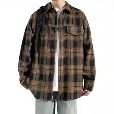 冈哉 港风复古格子双口袋拼接翻领单排扣设计美式潮流宽松松弛感衬衣外套外穿内搭叠穿休闲通勤长袖衬衫 男女同款