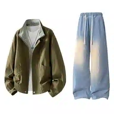 【水洗猫眼外套裤子一套】布客行 美式格子翻领美拉德复古高街上衣夹克直筒做旧微喇基础款抽绳松紧腰牛仔裤休闲运动套装 男女同款