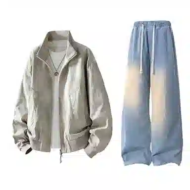 布客行 拼接美式复古高街夹克直筒水洗做旧微喇抽绳牛仔裤休闲运动套装 男女同款