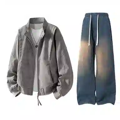 【绒感雾花皮外套裤子一套】布客行 美拉德立领拼接结构美式复古高街夹克直筒水洗做旧微喇基础款松紧腰抽绳牛仔裤休闲运动套装 男女同款