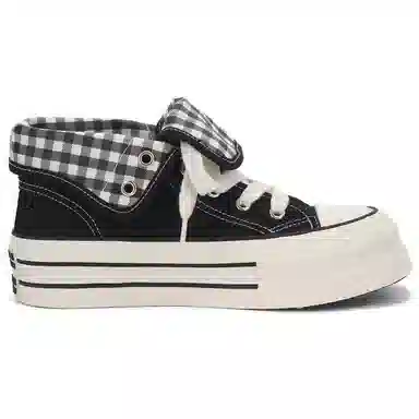 韩系小众百搭翻边格纹学院风舒适轻便防滑休闲运动两穿 耐磨增高减震 高帮 帆布鞋 女款