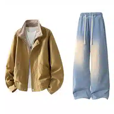 【水洗猫眼外套裤子一套】布客行 美式格子翻领美拉德复古高街上衣夹克直筒做旧微喇基础款抽绳松紧腰牛仔裤休闲运动套装 男女同款