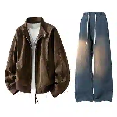 【绒感雾花皮外套裤子一套】布客行 美拉德立领拼接结构美式复古高街夹克直筒水洗做旧微喇基础款松紧腰抽绳牛仔裤休闲运动套装 男女同款