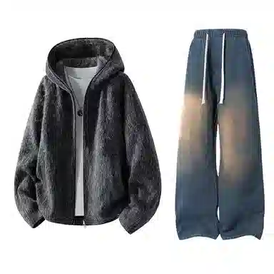 【粗纺仿羊绒外套裤子一套】布客行 连帽高街绒感保暖美式复古上衣夹克直筒水洗做旧微喇基础款松紧腰抽绳牛仔裤休闲运动套装 男女同款