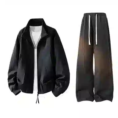 布客行 拼接美式复古高街夹克直筒水洗做旧微喇抽绳牛仔裤休闲运动套装 男女同款