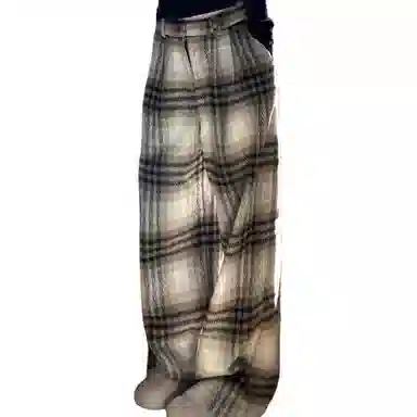 欧迪芬  贵夫人 美式复古高街毛呢格子直筒阔腿休闲裤 女款