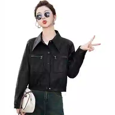 稻草人 时尚复古休闲潮流短款秋外套皮衣 女款