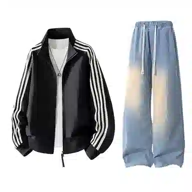 【防泼水外套裤子一套】布客行 三条杆条纹螺纹立领美式复古高街上衣夹克直筒水洗做旧微喇基础款松紧腰抽绳牛仔裤休闲运动套装 男女同款